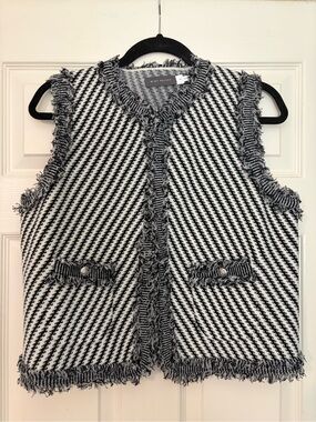 Mint Velvet Black & White Tweed Fringe Sleeveless Cardigan Vest